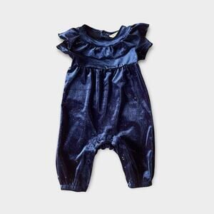 Velour Sparkle Baby Romper Navy 3-6mos –Ruffle Neck, Formal, Soft & Sweet